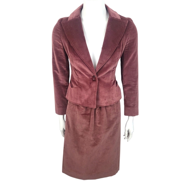 Vintage 70s Velvet Skirt Suit Blazer Set Rose Pink Womens XS Career Dressy - Picture 1 of 16